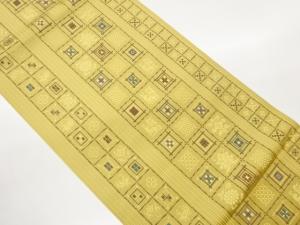 格子に草花・角倉・鳥模様織出し名古屋帯
